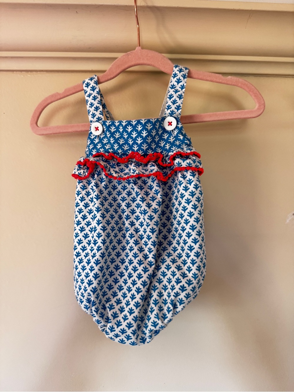 Baby Boden Blue and White Ruffle Babysuit with Adjustable Buttons 100% Cotton